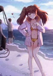 Rule 34 | bikini, breasts, brown hair, cleavage, halterneck, hand on own hip, jacket, keipup, kujikawa rise, long hair, navel, open clothes, open jacket, persona, persona 4, swimsuit, twintails