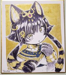 Rule 34 | 1girl, absurdres, androgynous, animal ears, animal hands, artist name, bastet (mythology), black hair, blonde hair, border, bracelet, cat ears, commentary request, egyptian clothes, egyptian mythology, eyes visible through hair, flat chest, hand up, hatching (texture), headpiece, highres, jewelry, limited palette, linear hatching, looking at viewer, marker (medium), millipen (medium), multicolored hair, mumu yu mu, neck ring, original, outline, outside border, parted lips, personification, photo (medium), shikishi, short hair with long locks, sidelocks, signature, slit pupils, solo, traditional media, upper body, venus symbol, venus symbol hair ornament, white border, white outline, yellow background, yellow eyes