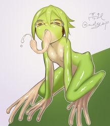 Rule 34 | 1girl, akira (meltyhip), colored skin, female focus, frog girl, green hair, green skin, long tongue, monster girl, nude, open mouth, original, solo, squatting, tail, tongue, twitter username, yellow eyes