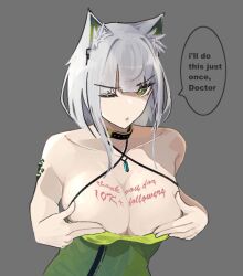 Rule 34 | 1girl, :o, animal ears, arknights, bare shoulders, body writing, breasts, cleavage, collar, collarbone, english text, green eyes, halterneck, kal&#039;tsit (arknights), large breasts, leaning forward, looking at viewer, material growth, medium hair, nuggetkouhai, one eye closed, oripathy lesion (arknights), simple background, solo, tattoo