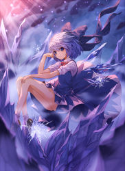 Rule 34 | 1girl, bad id, bad pixiv id, bare legs, blue bow, blue dress, blue eyes, blue hair, bow, brown footwear, cirno, dress, full body, hair bow, highres, ice, ice wings, light particles, lo-ta, looking at viewer, mary janes, outdoors, red ribbon, ribbon, shoes, short hair, short sleeves, socks, solo, sunlight, touhou, white socks, wind, wings