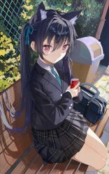 Rule 34 | 1542 700, 1girl, :/, absurdres, animal ear fluff, animal ears, bench, black hair, black jacket, black skirt, blue archive, blue necktie, blue ribbon, can, cat ears, closed mouth, collared shirt, colored eyelashes, commentary, day, extra ears, feet out of frame, fence, hair between eyes, hair intakes, hair ribbon, hair spread out, highres, holding, holding can, jacket, long hair, long sleeves, looking at viewer, miniskirt, necktie, on bench, outdoors, park bench, plaid, plaid skirt, pleated skirt, red eyes, ribbon, serika (blue archive), shirt, sidelighting, sitting, skirt, solo, straight hair, twintails, upturned eyes, very long hair, white shirt