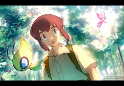 Rule 34 | 1boy, aged down, alternate color, artist name, backpack, bag, blue eyes, brown bag, brown hair, buttons, celebi, commentary request, creatures (company), day, english text, forest, game freak, gen 2 pokemon, legendary pokemon, letterboxed, looking to the side, meiji ken, mythical pokemon, nature, nintendo, open mouth, outdoors, pokemon, pokemon (anime), pokemon (classic anime), pokemon (creature), pokemon 4ever - celebi: the voice of the forest, samuel oak, shiny pokemon, shirt, short sleeves, sidelocks, tree, watermark