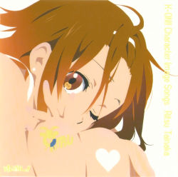 Rule 34 | 1girl, album cover, bare shoulders, bodypaint, brown eyes, brown hair, character single, cover, dress, heart, highres, horiguchi yukiko, hugging own legs, k-on!, knees, official art, one eye closed, reference work, scan, simple background, solo, tainaka ritsu, wink