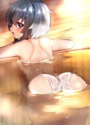 Rule 34 | 1girl, ass, back, black hair, blush, commentary request, fang, from behind, grey hair, hat, highres, kantai collection, looking at viewer, looking back, multicolored hair, nude, onsen, open mouth, partially submerged, purple eyes, short hair, short hair with long locks, shoulder blades, sidelocks, smile, solo, sparkle, steam, tokitsukaze (kancolle), towel, water, wet, yufukiri