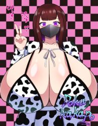 Rule 34 | 1girl, animal print, black background, breasts, cleavage, codeorange162, cow print, eyelashes, female focus, huge breasts, looking at viewer, mask, mouth mask, pink background, purple eyes, shiny skin, skirt, solo, upper body, v