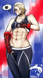 Rule 34 | 1girl, abs, abs focus, bare shoulders, basedshark, blonde hair, blue eyes, breasts, cammy white, crop top, fingerless gloves, gloves, highres, looking to the side, medium breasts, pants, scar, scar on face, short hair, sleeveless, street fighter, street fighter 6