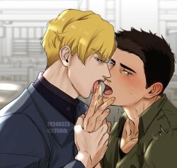 Rule 34 | 2boys, adam&#039;s apple, ao isami, averting eyes, black hair, blonde hair, couple, crouton256, facial hair, hand up, head tilt, lewis smith, licking, licking another&#039;s finger, licking finger, male focus, multiple boys, sideburns stubble, stubble, thick eyebrows, tongue, tongue out, upper body, v-shaped eyebrows, yaoi, yuuki bakuhatsu bang bravern