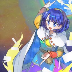Rule 34 | 1girl, :d, aura, belt, belt pouch, blue eyes, blue hair, breasts, cape, cloak, cloud print, dress, full moon, hairband, mirei (miirei), moon, multicolored clothes, multicolored dress, multicolored hairband, open mouth, patchwork clothes, pointing, pointing down, pointing up, pouch, rainbow, rainbow gradient, short hair, sky print, small breasts, smile, tenkyuu chimata, touhou, two-sided cape, two-sided fabric, unconnected marketeers, upper body, v-shaped eyebrows, white cape, white cloak, yellow bag, zipper