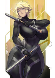 Rule 34 | 1girl, abs, alina novikov, black bodysuit, blonde hair, blue eyes, bodysuit, breasts, commission, covered navel, eyebrows hidden by hair, highres, holding, holding weapon, large breasts, looking at viewer, navel, packge, pixiv commission, short hair, skin tight, solo, swept bangs, tatakau ataisuru, thighs, tomboy, weapon, wide hips