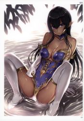 Rule 34 | 1girl, absurdres, artist name, bare shoulders, black hair, blue choker, blue leotard, breasts, cameltoe, center opening, choker, cleavage, cleft of venus, collarbone, covered erect nipples, dark-skinned female, dark elf, dark skin, day, elbow gloves, elf, full body, gloves, hair between eyes, hakaba (dairiseki), highres, leotard, leotard pull, long hair, looking at viewer, medium breasts, navel, no shoes, original, outdoors, parted lips, partially submerged, pointy ears, pulling own clothes, purple eyes, ripples, scan, sidelocks, sitting, smile, solo, spread legs, thighhighs, toranoana, water, wet, white gloves, white thighhighs