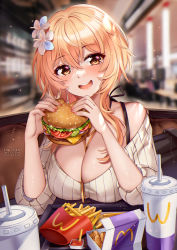 Rule 34 | 1girl, :d, alternate costume, bare shoulders, beige shirt, between breasts, blonde hair, bra strap, breasts, burger, casual, chicken nuggets, cleavage, commentary, contemporary, cup, disposable cup, drinking straw, english commentary, flower, food, french fries, genshin impact, hair between eyes, hair flower, hair ornament, hands up, highres, holding, holding food, ketchup, large breasts, long sleeves, looking at viewer, lumine (genshin impact), off-shoulder shirt, off shoulder, open mouth, shirt, short hair with long locks, smile, solo, squchan, tray, upper body, wcdonald&#039;s, white flower, yellow eyes