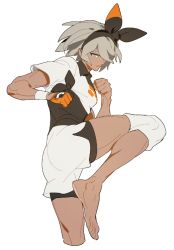Rule 34 | 1girl, barefoot, bea (pokemon), black bodysuit, black hairband, bodysuit, bodysuit under clothes, bow hairband, clenched hands, closed mouth, collared shirt, commentary request, creatures (company), dark-skinned female, dark skin, fighting stance, game freak, gloves, grey eyes, grey hair, gym leader, hairband, hands up, knee pads, korean commentary, leg up, nintendo, pokemon, pokemon swsh, print shirt, shirt, short sleeves, shorts, side slit, side slit shorts, simple background, single glove, solo, toes, white background, white shorts, white wristband, wkqejrdhkd1