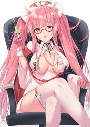 Rule 34 | 1girl, azur lane, bespectacled, black choker, breasts, center opening, chair, choker, crossed legs, dress, feet out of frame, glasses, gloves, hair ornament, half gloves, hat, highres, holding, holding syringe, id card, itaba atsushi, lanyard, long hair, looking at viewer, medium breasts, microdress, nurse, nurse cap, office chair, official alternate costume, open mouth, perseus (azur lane), perseus (unfamiliar duties) (azur lane), pink-framed eyewear, pink eyes, pink gloves, pink hair, semi-rimless eyewear, simple background, sitting, solo, swivel chair, syringe, thighhighs, twintails, under-rim eyewear, very long hair, white background, white dress, white hat, white thighhighs, x hair ornament