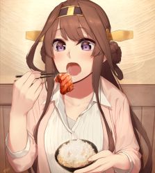 Rule 34 | 10s, 1girl, ahoge, alternate costume, artist name, blush, bowl, breasts, brown hair, chopsticks, collarbone, commentary request, double bun, eating, enosan, food, hairband, headgear, highres, holding, holding bowl, holding chopsticks, indoors, jacket, kantai collection, kongou (kancolle), long hair, long sleeves, looking at viewer, medium breasts, open mouth, pink jacket, purple eyes, revision, rice, rice bowl, shirt, solo, upper body, wall, white shirt, yakiniku