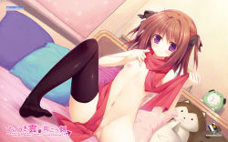 Rule 34 | 1girl, alarm clock, blush, clock, highres, naked scarf, navel, pillow, purinpurin, purple eyes, scarf, solo, stuffed animal, stuffed toy, thighhighs