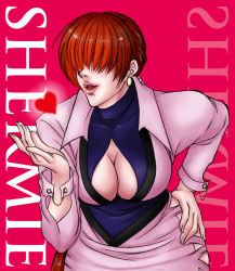 Rule 34 | 1girl, bent over, blowing kiss, breasts, brown hair, cleavage, cleavage cutout, clothing cutout, hair over eyes, hand on own hip, heart, large breasts, leotard, lips, lipstick, makeup, miniskirt, ponytail, rin0401, shermie (kof), skirt, solo, the king of fighters
