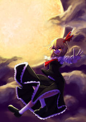 Rule 34 | 1girl, :d, ascot, blonde hair, frilled skirt, frills, full body, full moon, hair ribbon, highres, long sleeves, moon, moonlight, night, open mouth, outstretched arms, red eyes, ribbon, rumia, shirt, shoes, short hair, skirt, smile, socks, spread arms, tem+, templus, touhou, vest, white shirt