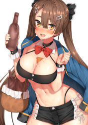 Rule 34 | 1girl, alcohol, b-ginga, basket, black panties, black shorts, blush, bottle, bow, bowtie, breasts, breasts squeezed together, brown eyes, brown hair, bust cup, cleavage, collarbone, commentary request, detached collar, hair between eyes, hair ornament, hair scrunchie, hairclip, highleg, highleg panties, holding, holding bottle, jacket, jacket on shoulders, large breasts, long hair, looking at viewer, navel, open mouth, original, panties, red bow, red bowtie, scrunchie, short shorts, shorts, simple background, smile, solo, strapless, sweat, tube top, twintails, underwear, white background