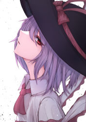 Rule 34 | 1girl, 33 gaff, ascot, bad id, bad twitter id, black hat, bow, brown bow, collared shirt, commentary request, eyelashes, eyes visible through hair, frills, from side, grey shirt, hair between eyes, hat, hat bow, looking at viewer, nagae iku, open mouth, purple hair, red ascot, red eyes, shirt, short hair, short sleeves, simple background, solo, touhou, upper body, white background