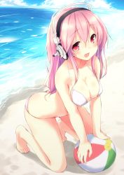 Rule 34 | 1girl, arched back, ball, bare legs, bare shoulders, barefoot, beach, beachball, bikini, blush, breasts, cleavage, day, feet, female focus, headphones, highres, kneeling, large breasts, long hair, looking at viewer, mokoke, nitroplus, open mouth, outdoors, pink eyes, pink hair, smile, solo, super sonico, swimsuit, toes, water, white bikini