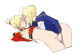Rule 34 | 2girls, absurdres, ahoge, armpits, artoria pendragon (all), artoria pendragon (fate), ass, bottomless, braid, breasts, cleavage cutout, clothing cutout, commentary request, detached sleeves, eye contact, fate/apocrypha, fate/stay night, fate (series), fingering, french braid, from side, girl on top, hair tie, highres, incest, jikatarou, juliet sleeves, long sleeves, looking at another, lying, medium breasts, mordred (fate), mordred (fate/apocrypha), mother and daughter, multiple girls, navel, on back, puffy sleeves, saber (fate), sidelocks, simple background, sweatdrop, underboob, white background, yuri