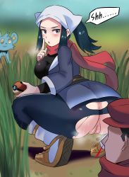 Rule 34 | 1boy, 1girl, absurdres, akari (pokemon), black hair, blood, blush, cleft of venus, creatures (company), floating scarf, game freak, gen 4 pokemon, hat, head scarf, highres, holding, holding poke ball, japanese clothes, looking at viewer, nintendo, nosebleed, open mouth, poke ball, poke ball (legends), pokemon, pokemon (creature), pokemon legends: arceus, ponytail, pussy, red headwear, red scarf, rei (pokemon), scarf, shinx, short male, squatting, torn clothes, torn legwear, ytrall