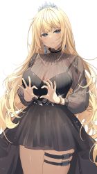 Rule 34 | 1girl, absurdres, bad id, bad pixiv id, black dress, blonde hair, blue eyes, blush, breasts, dress, earrings, heart, heart hands, highres, hololive, hololive english, jewelry, large breasts, long hair, long sleeves, looking at viewer, myao (o3o333), smile, solo, thigh strap, thighs, tiara, virtual youtuber, watson amelia, watson amelia (party dress)