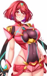 Rule 34 | 1girl, anisdrawn, armor, artist name, black gloves, bob cut, breasts, chest jewel, commentary, core crystal (xenoblade), covered navel, drop earrings, earrings, english commentary, fingerless gloves, gloves, highleg, highleg panties, highres, jewelry, large breasts, looking at viewer, micro shorts, panties, panty peek, pyra (xenoblade), red armor, red eyes, red hair, red panties, red shorts, short hair, shorts, shoulder armor, smile, solo, swept bangs, tiara, underwear, white background, xenoblade chronicles (series), xenoblade chronicles 2