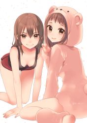 Rule 34 | 2girls, :d, alternate costume, alternate hairstyle, animal costume, arm support, bare legs, bare shoulders, bear costume, blush, breasts, brown eyes, brown hair, collarbone, dolphin shorts, downblouse, fingernails, grin, hair down, hand up, hanging breasts, highres, kantai collection, koruri, leg warmers, long hair, long sleeves, looking at viewer, looking back, multiple girls, naka (kancolle), nose blush, open mouth, red shorts, sendai (kancolle), short shorts, shorts, sitting, small breasts, smile, tank top, teeth, twitter username, v-shaped eyebrows, white background