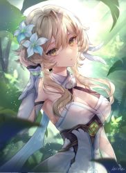 Rule 34 | 1girl, armpits, artist name, bare shoulders, blonde hair, blurry, blurry foreground, breasts, cleavage, commentary, depth of field, detached sleeves, dress, flower, genshin impact, hair between eyes, hair flower, hair ornament, hi-na1, large breasts, lily (flower), looking at viewer, lumine (genshin impact), parted lips, scarf, short hair, short hair with long locks, sleeveless, sleeveless dress, solo, standing, vambraces, white dress, white flower, white scarf, white sleeves, yellow eyes