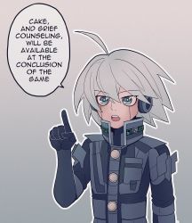 Rule 34 | 1boy, ahoge, android, black gloves, cheer (cheerpuppy14), commentary, danganronpa (series), danganronpa v3: killing harmony, english commentary, english text, glados, gloves, grey background, grey eyes, grey hair, hair between eyes, hand up, headphones, highres, index finger raised, k1-b0, looking at viewer, male focus, open mouth, outline, portal (series), short hair, solo, speech bubble, upper body, white outline