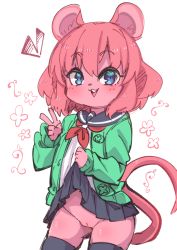 Rule 34 | animal ears, black thighhighs, blue eyes, blue skirt, cardigan, cleft of venus, clothes lift, furry, furry female, gluteal fold, green cardigan, groin, heart, highres, mouse ears, mouse girl (yuuki (yuyuki000)), mouse tail, no panties, open mouth, original, pink hair, pussy, school uniform, serafuku, shirt, short hair, simple background, skirt, smile, solo, tail, thighhighs, thighs, v, white background, white shirt, yuuki (yuyuki000)