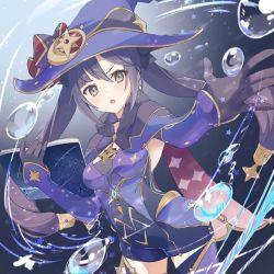 Rule 34 | 1girl, black hair, blue cape, blue hat, book, bubble, cape, choker, commentary request, earrings, fur collar, genshin impact, gold trim, grimoire, hat, hat ornament, jewelry, long hair, mayu-mayu1026, mona (genshin impact), mona (pact of stars and moon) (genshin impact), official alternate costume, solo, star (symbol), star choker, star earrings, twintails, witch hat