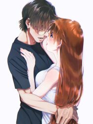 Rule 34 | 1boy, 1girl, aged up, aida kensuke, blue eyes, blush, breasts, brown hair, evangelion: 3.0+1.0 thrice upon a time, face-to-face, glasses, hair between eyes, highres, hug, long hair, medium breasts, neon genesis evangelion, non-web source, open mouth, rebuild of evangelion, souryuu asuka langley, standing