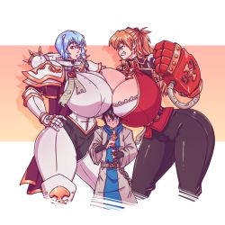Rule 34 | 1boy, 2girls, alternate body size, alternate breast size, alternate height, armor, ayanami rei, black pants, breast rest, breasts, breasts on head, cleavage cutout, clothing cutout, coat, curvy, feet out of frame, gigantic breasts, grin, height difference, huge breasts, ikari shinji, inquisition (warhammer), leaning forward, multiple girls, n647, neon genesis evangelion, pants, power armor, power fist, red coat, size difference, smile, souryuu asuka langley, thick thighs, thighs, warhammer 40k