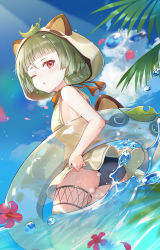 Rule 34 | 1girl, animal ears, ass, bare legs, bare shoulders, barefoot, beach, black one-piece swimsuit, blue sky, blunt bangs, blush, breasts, bubble, choker, cloud, cloudy sky, commentary, day, english commentary, eyebrows, fake animal ears, feet, flower, from side, full body, genshin impact, green hair, green one-piece swimsuit, highres, hood, hooded swimsuit, innertube, kita (kitairoha), leaf, looking at viewer, one-piece swimsuit, one eye closed, palm tree, parted lips, partially submerged, petals, raccoon ears, raccoon hood, red eyes, red flower, sayu (genshin impact), short hair, sideboob, sky, small breasts, solo, swim ring, swimsuit, teeth, thigh strap, thighs, toes, tree, water