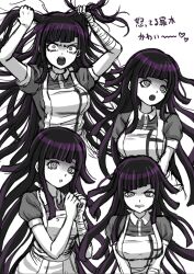 Rule 34 | 1girl, :o, angry, apron, bandaged arm, bandages, black hair, breasts, clenched teeth, collared shirt, danganronpa (series), danganronpa 2: goodbye despair, hands up, heart, highres, holding own hair, large breasts, long hair, looking at viewer, looking up, messy hair, mole, mole under eye, mozuku (iiiiiiimomo), multiple views, own hands together, pink eyes, shirt, short sleeves, simple background, teeth, translation request, tsumiki mikan, upper body, upper teeth only, white apron, white background