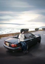 Rule 34 | 1girl, absurdres, black hair, blue eyes, blue pants, bokuya, car, closed mouth, commentary request, convertible, eunos roadster, glasses, highres, license plate, looking at viewer, mazda, mazda mx-5, mazda mx-5 na, motor vehicle, ocean, original, outdoors, pants, shirt, shoes, short hair, short sleeves, smile, sneakers, solo, sports car, vehicle focus, white shirt