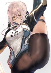 Rule 34 | 1girl, ahoge, alternate costume, artoria pendragon (fate), black shorts, blush, closed mouth, fate/grand order, fate (series), hair bun, highres, hood, hoodie, inusaka, looking to the side, mysterious heroine x alter (fate), mysterious heroine x alter (second ascension) (fate), open clothes, open hoodie, semi-rimless eyewear, shirt, shorts, sidelocks, silver hair, single hair bun, split, standing, standing on one leg, standing split, stretched limb, sweat, translation request, under-rim eyewear, white background, white shirt, yellow eyes