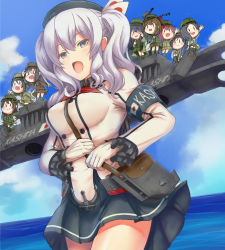 Rule 34 | 10s, 6+girls, :d, armband, bag, beret, binoculars, black hair, blue sky, breasts, buttons, character name, cloud, day, em s, epaulettes, fairy (kancolle), frilled sleeves, frills, glasses, gloves, grey eyes, hair between eyes, hat, highres, jacket, japanese flag, kantai collection, kashima (kancolle), kneehighs, looking at viewer, low twintails, machinery, medium breasts, military, military uniform, mini person, minigirl, miniskirt, multiple girls, neckerchief, ocean, open mouth, pleated skirt, red hair, short hair, sidelocks, silver hair, sitting, skirt, sky, smile, socks, standing, thighhighs, tsurime, twintails, uniform, wavy hair, white gloves