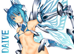 Rule 34 | 1girl, armor, armpits, blue eyes, blue hair, bottomless, breasts, covered erect nipples, daive, groin, hip focus, matching hair/eyes, short hair, solo, wide hips, wings