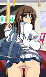 Rule 34 | 1girl, ass, blue eyes, brown hair, cellphone, censored, comord, flip phone, looking back, miniskirt, mosaic censoring, no panties, original, phone, pleated skirt, pussy, skirt, solo, train, train interior, uncensored