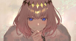 Rule 34 | 1boy, blue eyes, cape, crown, fate/grand order, fate (series), fur-trimmed cape, fur trim, hand on own chin, itefu, male focus, oberon (fate), portrait, silver hair, smile, solo, stroking own chin
