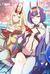 Rule 34 | 2girls, black hair, blonde hair, breasts, brown hair, commentary, cup, ebbilin, english commentary, fate/grand order, fate (series), horns, ibaraki douji (fate), japanese clothes, kimono, long hair, looking at viewer, multiple girls, oni, purple eyes, sakazuki, shuten douji (fate), small breasts, smile, yellow eyes, yellow kimono