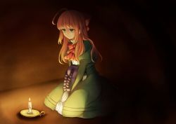 Rule 34 | 1girl, :&gt;, ahoge, between legs, bow, bowtie, brown hair, candle, closed mouth, dress, elisabeth faust, fausts alptraum, fire, full body, green dress, green eyes, hair bow, half updo, hand between legs, highres, natariya, red bow, red bowtie, sitting, solo, stuffed animal, stuffed toy