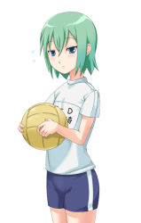 Rule 34 | 00s, 1girl, 4hands, ball, blue eyes, eyebrows, green hair, gym uniform, iwasaki minami, lucky star, shorts, single vertical stripe, solo, volleyball, volleyball (object)