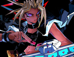 Rule 34 | 1boy, bracelet, card, chain, collar, colored tips, duel disk, holding, holding card, jacket, jacket on shoulders, jewelry, kokusoji, millennium puzzle, multicolored hair, pointy hair, serious, solo, yami yugi, yu-gi-oh!, yu-gi-oh! duel monsters