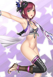 Rule 34 | 1girl, alternate costume, areola slip, armpits, asymmetrical clothes, bare shoulders, bottomless, breasts, brown eyes, cleavage, cosplay, elbow gloves, fingerless gloves, gloves, hair ornament, hosokawa gracia, jewelry, kansuke, medium breasts, musou orochi, necklace, no panties, pink hair, sandals, scarf, sengoku musou, short hair, single elbow glove, single glove, single thighhigh, solo, thighhighs