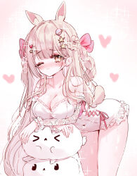 Rule 34 | &gt; &lt;, 1girl, animal ear fluff, animal ears, bare shoulders, bent over, blush, braid, breasts, brown eyes, brown hair, cleavage, closed eyes, closed mouth, collarbone, commentary request, covered navel, frilled leotard, frills, gradient background, heart, highres, large breasts, leotard, long hair, nose blush, one eye closed, pink background, solo, sparkle background, tandohark, very long hair, white background, white leotard